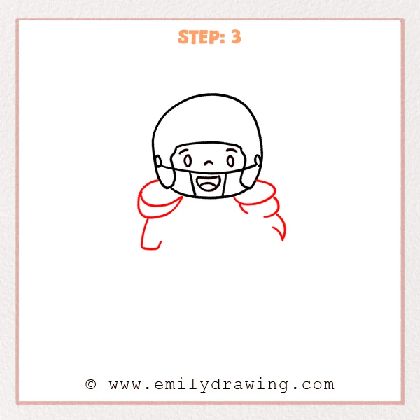 how to draw a football player - A cute football player drawing with a helmet and face, now expanded with rounded shoulder pads, a simple jersey chest shape, and a few arm and clothing fold lines.